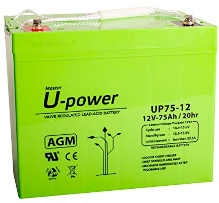 U-Power Batterie au Plomb Rechargeable AGM scellée 12 V 75 Ah Utilisation générale comme alarmes, UPS/SAI, sécurité, Jouets, etc. Borne à vis métrique M6