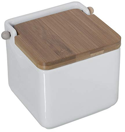 Salero original cerámica cuadrado con tapa madera12x12x12 cm (Blanco)