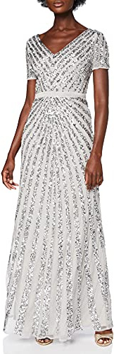 Maya Deluxe Damen Maxi Women's Embellished Sequin Long Short Sleeve V Neck High Empire Waist Cut Shiny Prom We Bridesmaid Dress, Taupe, 36 EU