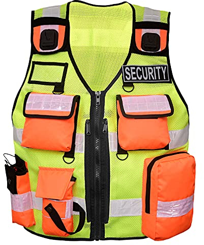 By Johanna Sicherheitsweste Schutzweste Securityweste Reflektoren weste Einsatzweste Multifunktionsweste Reflektierend 202 Gelb Orange + 2 Patch INSTRUCTOR