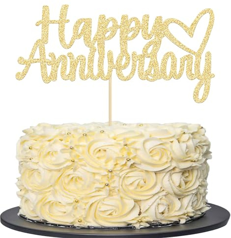 Gyufise 1 Pack Happy Anniversary Cake Topper Decorations Gold Glitter Wedding Anniversary Cake Topper Supplies Party Cake Decor