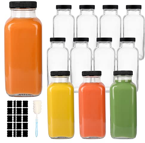GUANENA Paquete de 12 botellas de vidrio para bebidas, botellas de agua cuadradas vintage de 12 onzas con tapas, botellas de jugo para leche, kombucha, batidos