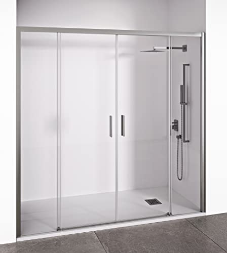 Mampara de ducha frontal 2 hojas correderas + 2 fijos sin perfilería inferior - Transparente - Cristal templado 6 mm Antical - Perfilería Plata Brillo - Ancho adaptable 175-180 cm - Alto 195 cm - EIRE