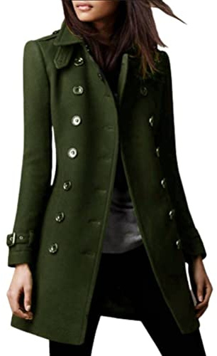 Onsoyours Veste en Laine Femme Revers Manteau À Manches Longues Trench Coupe-Vent Blazer Long Parka Blouson Mode Élégant Long Veste OL Chaud Couleur Unie Cardigan Coat Outwear A Armée Verte L