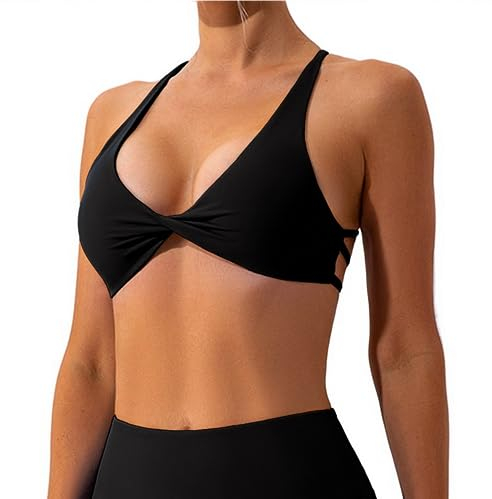 Vertvie Sport BH Damen Rückenfrei Tiefe V Ausschnitt Sexy Yoga Bra Gepolstert Bustier Push up Bralette Twist vorne Gym Workout Fitness(1pc: Schwarz,S)