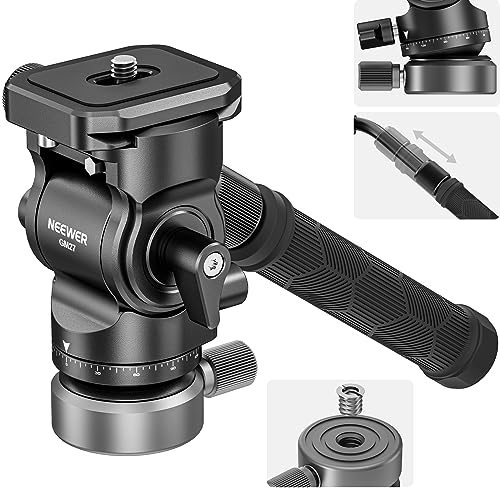 NEEWER Tripod Fluid Head with +/-10° Leveling Base (37mm Dia.), Metal Pan Tilt Head with Arca Type QR Plate, Telescopic Handle for Compact Video Camera DSLR Camera, Max Load 8.8lb/4kg, GM27, Silver