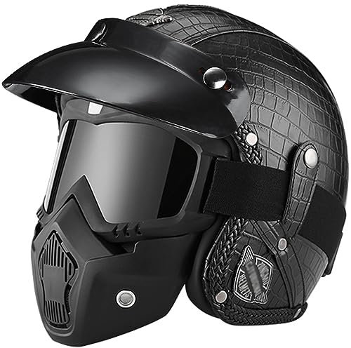 WYXAXNM Retro Jethelm Motorradhelm Rollerhelm Halbschalenhelm mit Brille Maske ECE-R 22-05 Vintage Helm Mofahelm Sturzhelm,Black-XXL(63~64cm)
