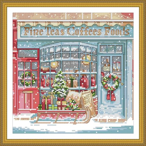 ABEUTY 14ct Kreuzstich Set Vorgedruckt, Weihnachtscafé Winter Café Kreuzstich Stickpackungen DIY Stickerei Set Gestempelt Erwachsene Anfänger