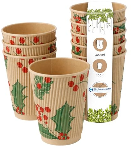 BIOZOYG 100 gobelets cannelés de 300 ml 'Branches' d'hiver pour café à emporter biodégradables à usage unique. Gobelets cannelés en carton compostable non blanchi pour le vin chaud.