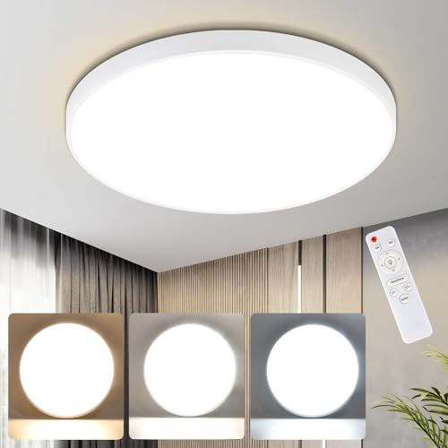 muyuua Deckenlampe LED Deckenleuchte Flach - Schlafzimmerlampe Dimmbar | Kellerlampe Badlampe 30W IP44 Küchenlampe Flurlampe Ø26cm Rund Flach Badezimmerlampe Fernbedienung Wohnzimmer Bad Büro küche