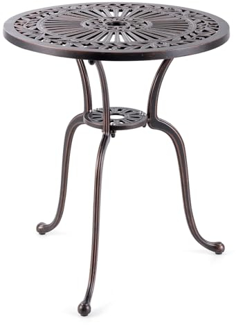 COSTWAY Gartentisch aus Aluminiumguss, 61x61x71cm, wetterfester Balkontisch mit Schirmloch und verstellbaren Fußpolstern, runder Bistrotisch für Garten, Hinterhof, Balkon