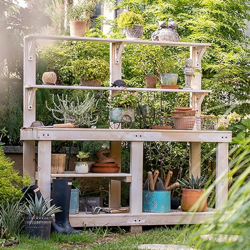 Wooden Potting Bench Planting Table for Outside, Garden Workstation with 4 Layer Multifunctional Storage Rack, DIY Gardening Table for Patios, Courtyards, Balcony
