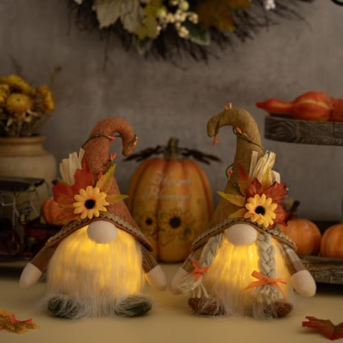 ACAREY 2 Stück Herbstdeko Wichtel mit LED Licht, Herbst Deko Beleuchtet Wichtel mit Ahornblatt Sonnenblumen Deko, Herbst Dekoration Figuren Plüsch Für Erntedankfest Weihnachten Party