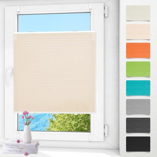 Plissee ohne Bohren klemmfix Creme 75x200cm Plisseerollo mit Klemmträger Blickdicht easyfix Jalousie Rollo für Fenster und Tür