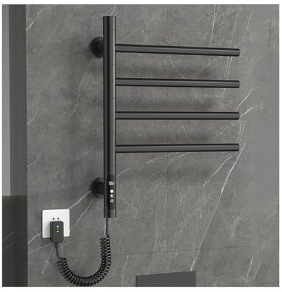WRJAHCG Scaldasalviette Elettrico Rotazione di 180 °,Intelligente Portasciugamani da Bagno in Acciaio Inox,Termoarredo Bagno da Muro,Nero,4 Rods