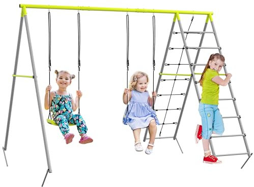 Outsunny Columpio 4 en 1 para Niños con 2 Sillas, Trepador, Red de Escalada, Cuerda Ajustable y Anti-UV, Jardín Exterior, Carga 180 kg, 260x185x180 cm, Gris y Verde