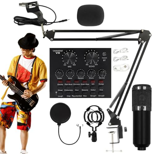 Set microfoni a condensatore Set Scheda Audio Live, Set Microfono E Asta | Microfono a Condensatore Kit live streaming facile da usare per conduttori, cantanti, doppiatori e studio di