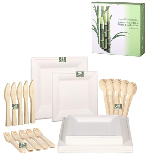 LEKOCH 25 Platos desechables de caña de azúcar para 25 personas, platos cuadrados blancos con cubiertos de bambú, para picnics y barbacoas