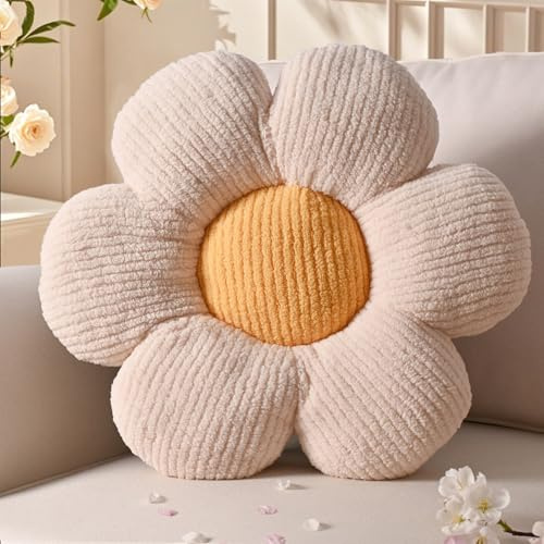 Yhoelata Valentinstag Blumenkissen, Creme Gelb Blumengestalt Zierkissen, Plüsch Bodenkissen für Sofa & Bett Kinderzimmer, Mädchen Dekoratives Gänseblümchen Design Wohnkissen 50cm