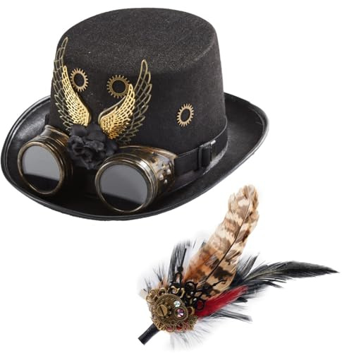 OFC Lenw Steampunk Zylinder Hut mit Brillen-Zahnrädern, Unisex Gothic Steampunk Kostümzubehör für Herren und Damen, Perfekt für Halloween, Cosplay, Karneval und Mottopartys