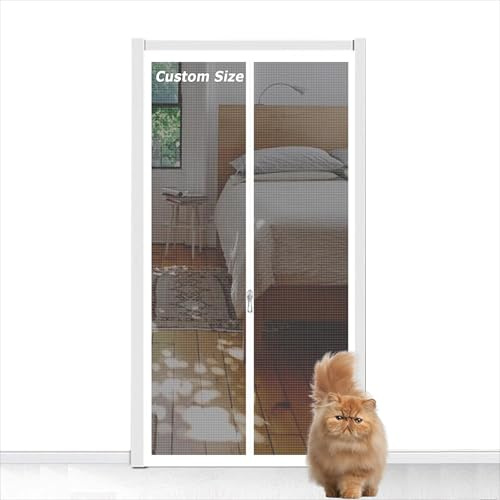 Custom Size Door Curtain for Bedroom Kitchen Patio, Self-Adhesive Cat Screen Door Pet Proof Screen Net, Fly Screen Anti-Bug Mosquito Netting, Double Zip (Custom Size)