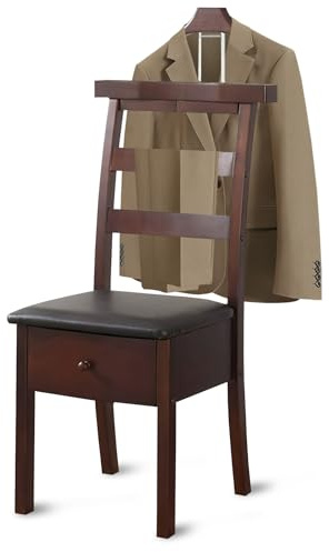 Stummer Diener Kleiderständer Mit Sitzfläche, Herrendiener Mit Schubladen, Hölzern Garderobenständer mit Kleiderbügel Hosenbügel, Kleiderständer Bodenstehender für Büro, Schlafzimmer, Wohnzimmer