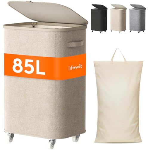 Lifewit Panier a Linge Sale avec Couvercle et Roulettes, Corbeille Linge Pliable avec Sac Amovible, Bac Linge, Laundry Basket pour Chambre, Salle de Bain, Buanderie, 85L, Beige