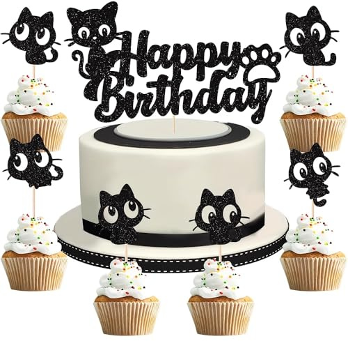 Cat Cake Toppers, Cat Cake Decorations, Cats Birthday Cakes Toppers - 25 Pcs Happy Birthday Cupcake Topper Set with Cute Cats Designs for Kitten Themed Birthdays Party Supplies, Black