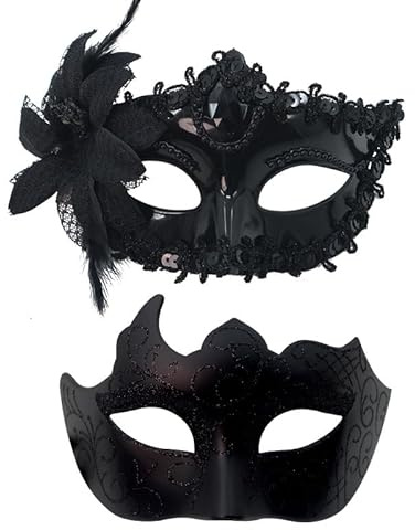 Venezianische Maskerade Maske, 2PCS Halloween Maske Klassische Spitze Augenmaske Maskenball Damen Herren Fasching Maskes Dress-Up Zubehör für Karneval Halloween Maskerade Party Kostüm(Schwarz)