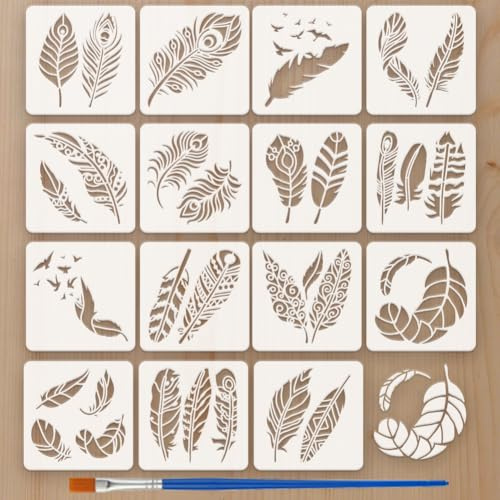 FINGERINSPIRE 15 Stück Malschablone Mit Federmustern Und Kunststoffpinsel 15x15cm Wiederverwendbare Zeichenvorlagen Mit Fliegenden Vögeln Schöne Federschablonen Vorlagen Mit Fantasy Motiven Zur Dekor