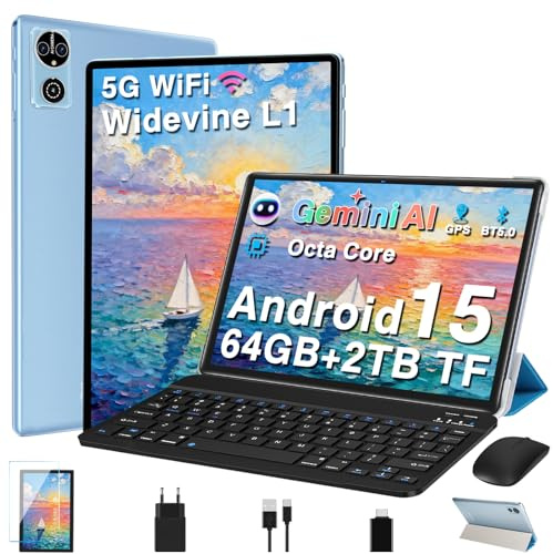 DEERTiME Tablette 10 Pouces AI Android 15 Tablettes avec 30Go RAM+64Go ROM(TF 2To), 5G+2.4G WiFi, Octa-Core 2.0 Ghz, Widevine L1, Bluetooth5.0, GMS Tablette Tactile avec Clavier+Souris et Cas (Bleu)