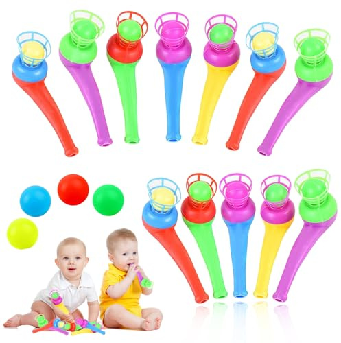 16 pcs Puste Ball Spiel, Schwimmendes Blasrohr, Floating Blow Pipe, Spiele Schweben Balle, Karikatur Pustespiel Ball Atemtrainer Lungentrainer für Geburtstag Party Gefälligkeiten Zufällige Farbe