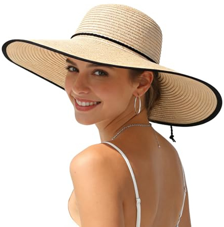 Ynport Crefreak Chapeau de Soleil en Paille à Large Bord pour Femmes avec Bordure Noire, Protection UV Chapeau de Plage Pliable pour Vacances d'été Voyage Activités en Plein Air