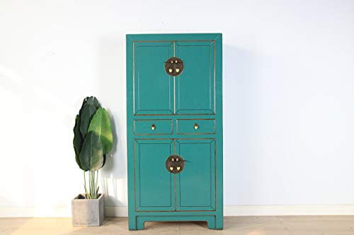 Yajutang Chinesischer Hochzeitsschrank türkis RAL5018 Massivhol Messing