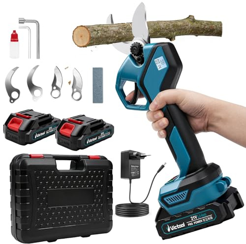 Akku Astschere, Max 40mm Gartenschere, Bürstenlose Elektrisch Garten Schere mit 2 Akku 2000mAh, LCD Anzeige Schnittzählerm, SK5 Stahlklingen, für Garten Äste Obstgärten