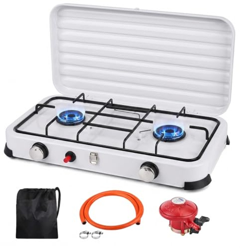 Qdreclod Réchaud Gaz-GPL Camping Portable 2 Feux, 4,4kW Rechaud Gaz Auto-Ignition, Tuyau PVC 150 cm + Régulateur 37 mbar Réchaud Extérieur Couvercle Amovible pour Randonnée, Pêche, Pique-Nique(Blanc)