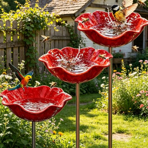 Vogeltränke Stehend,3 Stück Wassertränke für Vögel,Vogeltränke Blume,Blumen Gartenstecker,Insektentränke Garten,Bienentränke Metall,Blumenform Fütterungsschale,für Wildvögel Frostfest,Garten