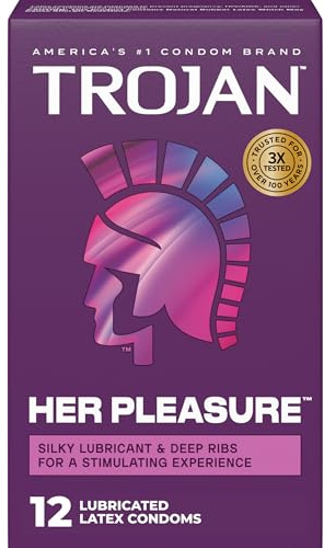 Trojan Her Pleasure Latex Lubricated Condoms, Ribbed for a Stimulating Experience, Bulbous Shape for a Roomier Fit, Helps Reduce Risk of Pregnancy and Sexually Transmitted Infections (STIs), 12 count
