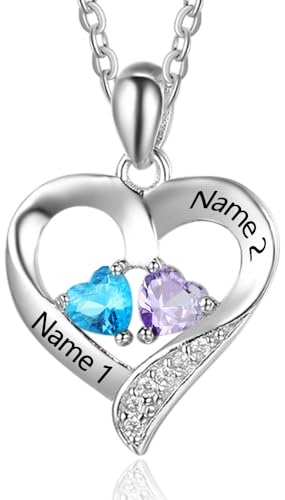 Lam Hub Fong Regali di Natale per Donne Collana Personalizzata in Argento S925 con 2-5 Pietre Portafortuna, Nome Inciso, Gioielli con Ciondolo a Forma di Cuore Personalizzati