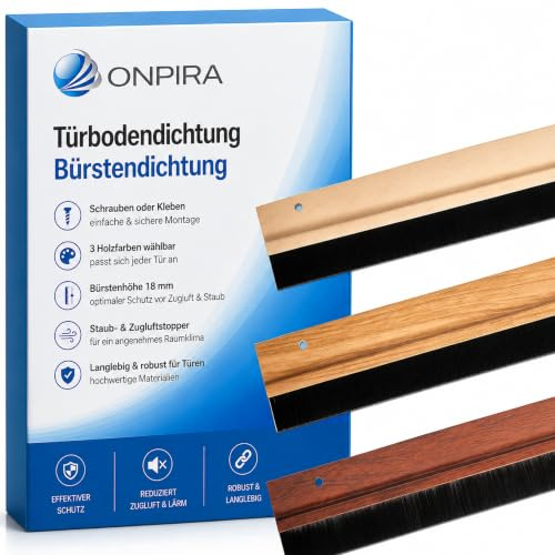 Türbodendichtung Bürstendichtung – Schrauben oder Kleben, 3 Holzfarben wählbar, Bürstenhöhe 18 mm, Staub- & Zugluftstopper, langlebig und robust für Türen (Mit Klebeband, Mittelbraun)
