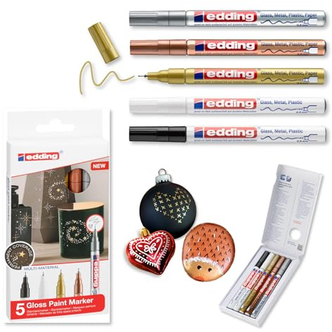 edding 780 Glanzlackmarker - schwarz weiß gold silber kupfer (metallic) - 5er Set Lackmarker - extra-feine Spitze 0,8mm - Lackstift für Glas, Stein, Holz, Kunststoff und Papier - wasserfest, sehr dünn