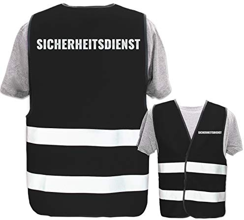 Bedruckte Warnwesten mit ISO-Leuchtstreifen * Standard- oder Reflex-Druck * Thema Sicherheit & Team, Warnweste Begriffe Security:Sicherheitsdienst (Reflektierend), Farbe + Größe:Schwarz (M/L)