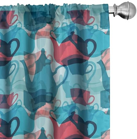 Ambesonne Tea Party Curtains, Crockery Composition Abstract Overlapping Silhouettes Teapot and Cups, Window Treatments 2 Panel Set for Living Room Bedroom, Pair of - 28 x 84, Dark Coral Pale Blue