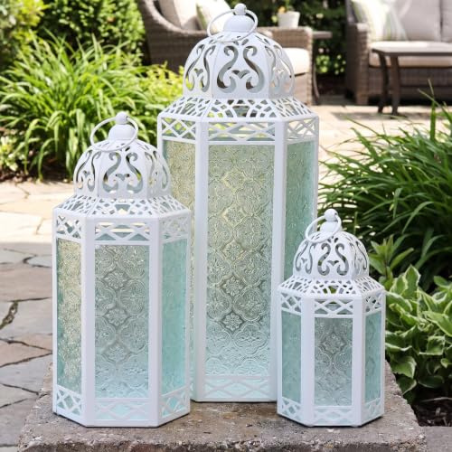 Set di 3 lanterne a candela marocchine per pavimenti, decorazioni in Ramadan, decorazione interna della casa, del patio o del portico all'aperto, matrimoni, bianco