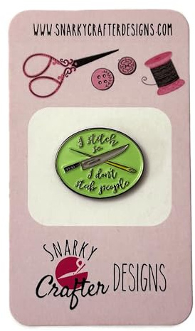 I Stitch So I Don't Stab People Enamel Needle Minder: Knife & Needle