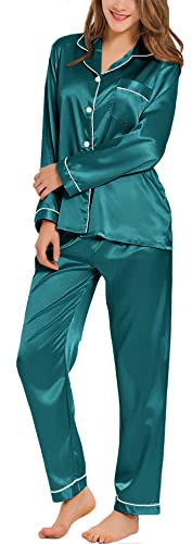 SWOMOG Ensemble de pyjama à manches longues en satin de soie pour femme, Vert, S