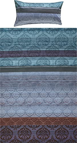 Erwin Müller Bettwäsche, Bettgarnitur Mako-Satin Ornamente blau-braun-violett Größe 40x80 cm / 135x200 cm - feinste Baumwolle, angenehmes Schlafklima, mit praktischem Reißverschluss