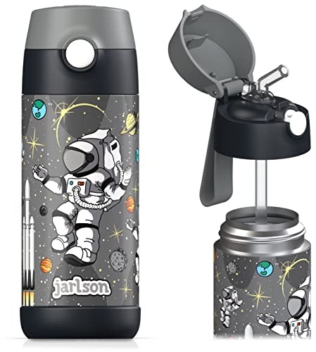 Jarlson® Trinkflasche Kinder Edelstahl Charli [MIT STROHHALM] - Thermosflasche Auslaufsicher - Thermoskanne - Water Bottle Kids - Thermo Trink Flasche für Schule & Kindergarten (350ml, Astronaut)