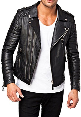 Chaqueta de cuero para hombre Slim Fit Biker motocicleta auténtica piel de cordero NLJUK446