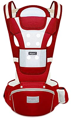 SONARIN Babytrage Atmungsaktiv mit Hüftsitz für Neugeborene und Kleinkinder von 0-36 Monate,Reiner Baumwolle 3D Air Mesh Babytrage Ergonomische,Multiposition,Bis zu 30 kg(Rot)